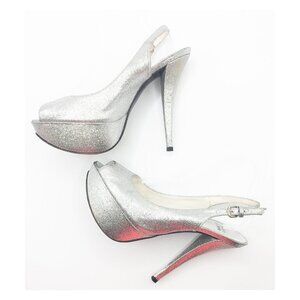 STUART WETZMAN Silver Glitter Open Toe Platform Slingback Pumps